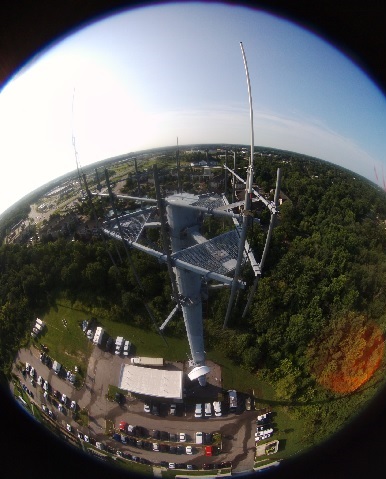 Fisheye drone photo of the top of the 200ft monopole supporting the N4CEC-10 antenna